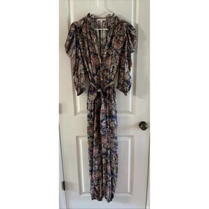 Love The Label Jumpsuit Size S Blue Floral Puff Sleeve Boho Cottage Tie‎ Waist